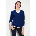 Ladies Acrylic Long Sleeve V-Neck Sweater - Navy Blue